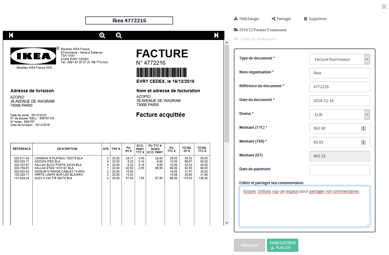 L'utilisateur peut vérifier les données extraites par les algorithmes d'Azopio avant de les envoyer vers une plateforme comptable en ligne ou de les exporter sous Excel L'utilisateur peut vérifier les données extraites par les algorithmes d'Azopio avant de les envoyer vers une plateforme comptable en ligne ou de les exporter sous Excel