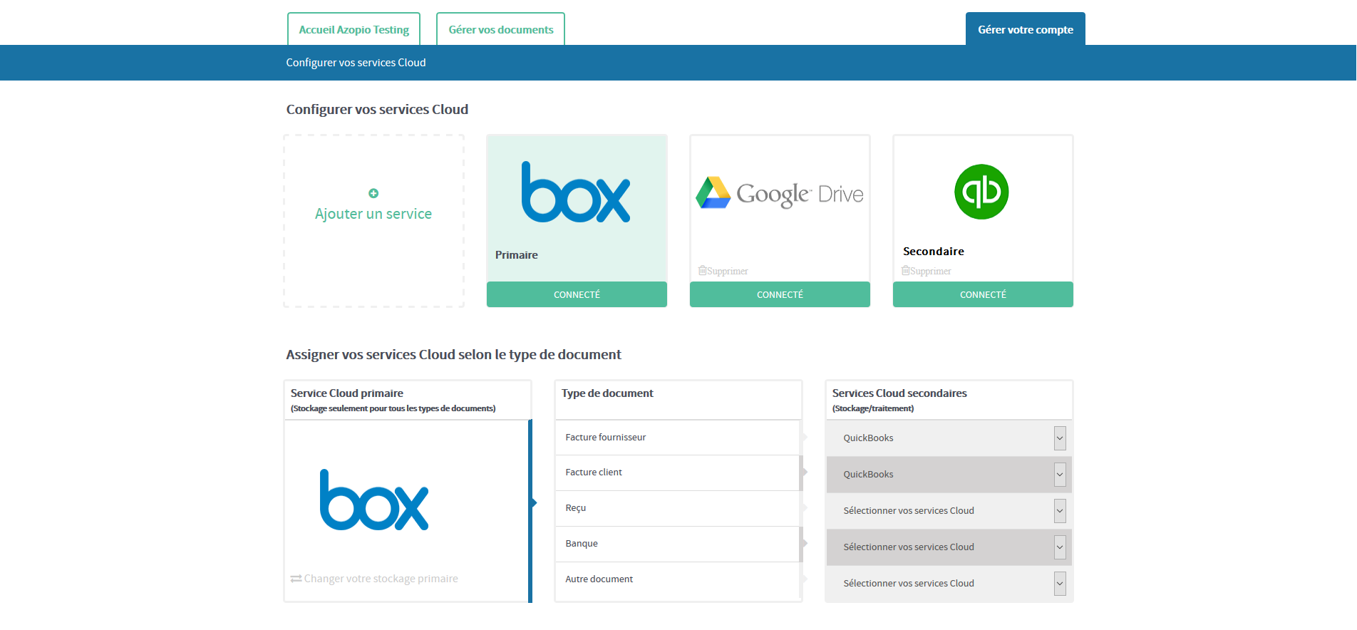 L'utilisateur peut configurer ses services de stockage Cloud (tels que Dropbox, Google Drive, Box et OneDrive) et ses logiciels de comptabilité en ligne (Quickbooks et Xero) L'utilisateur peut configurer ses services de stockage Cloud (tels que Dropbox, Google Drive, Box et OneDrive) et ses logiciels de comptabilité en ligne (Quickbooks et Xero)