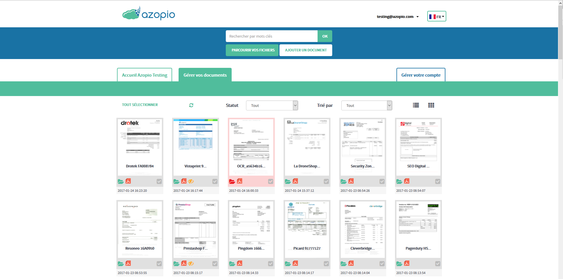 L'utilisateur peut visionner en un clin d'oeil les documents téléchargés automatiquement sur l'interface intuitive d'Azopio. Il peut facilement connâitre leurs statuts et lancer des recherches spécifiques L'utilisateur peut visionner en un clin d'oeil les documents téléchargés automatiquement sur l'interface intuitive d'Azopio. Il peut facilement connâitre leurs statuts et lancer des recherches spécifiques