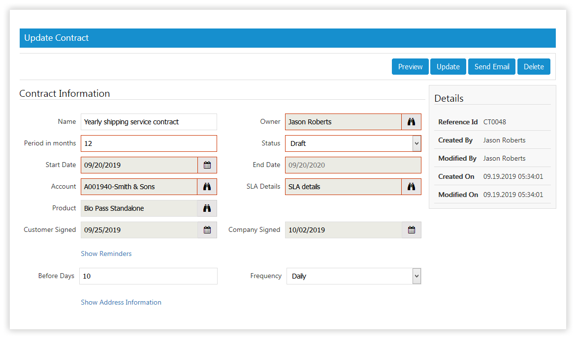 SutiCRM-SutiCRM Contract Screen SutiCRM-SutiCRM Contract Screen