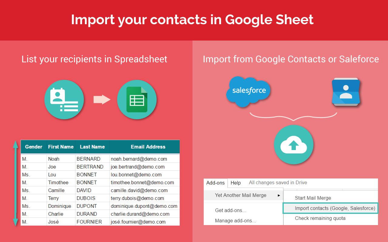 Prepare your mail merge mailing list! Import contacts from Google Contacts or Salesforce CRM