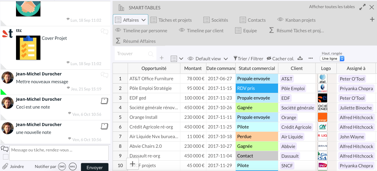 Table view: Collaboration space (sms, email, push notification) on the left side and right side of the database