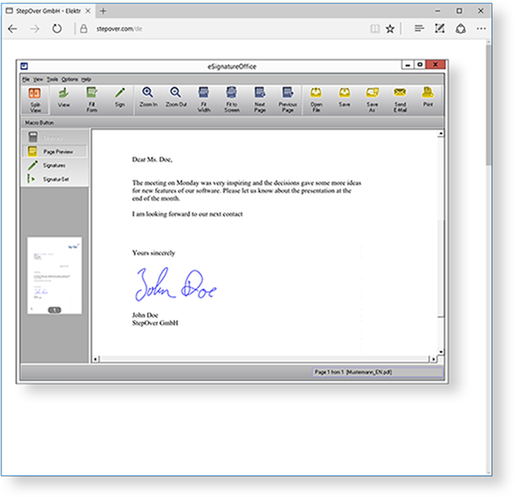 Web Functionality
eSignatureOffice can, also be opened from your internet application using so-called link handlers. Web Functionality
eSignatureOffice can, also be opened from your internet application using so-called link handlers.