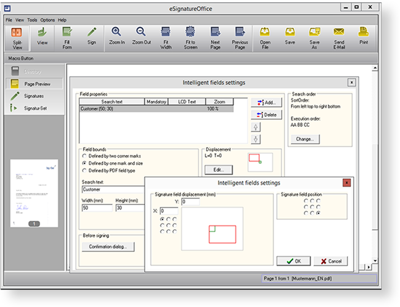 Automation through intelligent signature templates
Intelligent signature templates assist you with the automatic capture of signatures and their proper positioning in your electronic document. Automation through intelligent signature templates
Intelligent signature templates assist you with the automatic capture of signatures and their proper positioning in your electronic document.