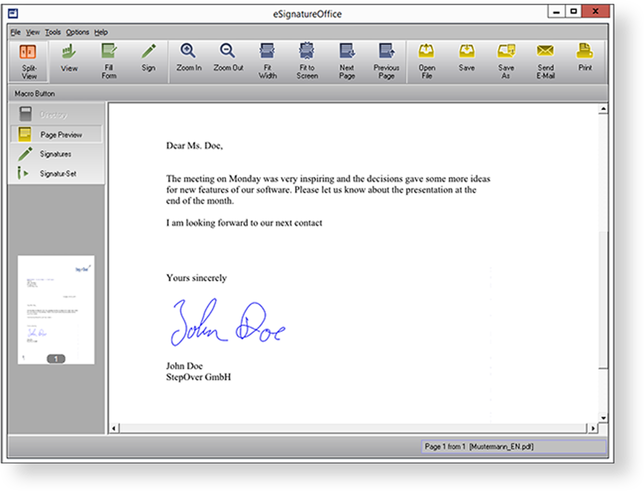 The signing solution for PDF/A Documents
eSignatureOffice enables the display and signing of PDF/A documents. Form fields can now also be filled out and saved in eSignatureOffice. The signing solution for PDF/A Documents
eSignatureOffice enables the display and signing of PDF/A documents. Form fields can now also be filled out and saved in eSignatureOffice.