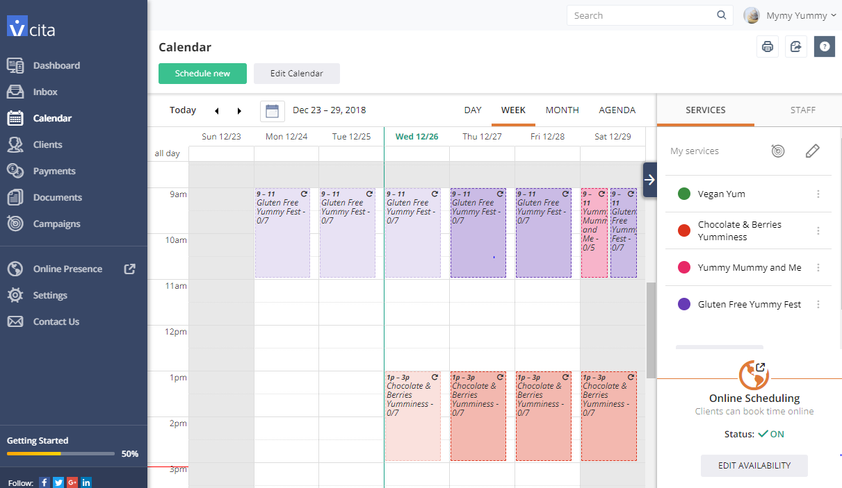 vcita-online calendar with events