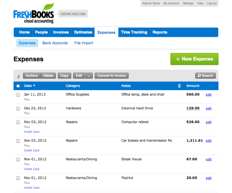 Freshbooks : dépenses Freshbooks : dépenses