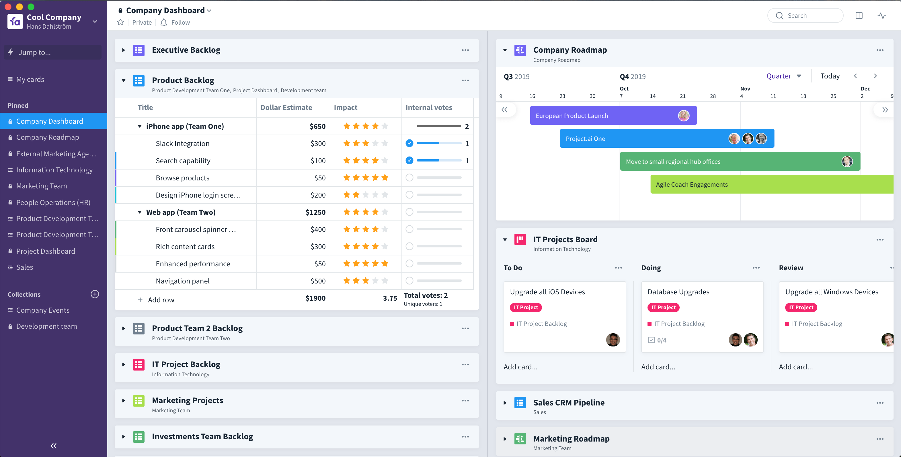 Favro alone lets you scale from a single team to teams-of-teams and beyond with overview and alignment dashboard collections. Favro alone lets you scale from a single team to teams-of-teams and beyond with overview and alignment dashboard collections.